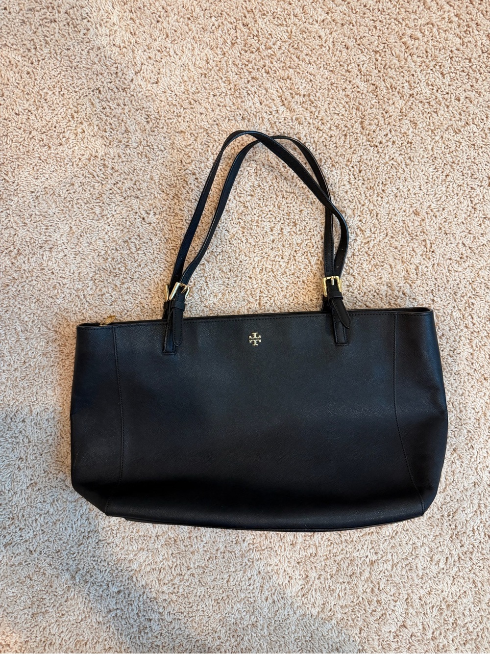 Tory Burch Black Leather Shoulder Tote with Gold Logo